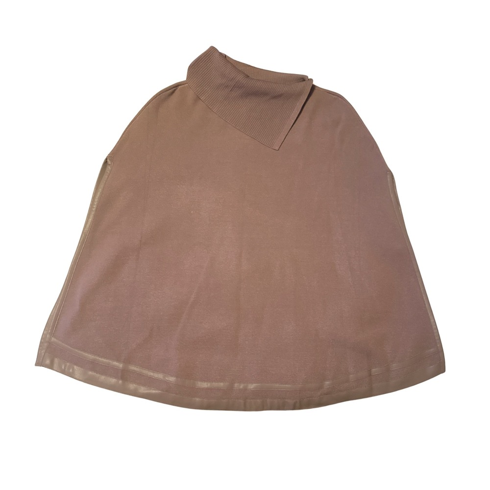 Chicos Womens Taupe Brown Asymmetric Turtleneck Poncho Faux Leather Trim SM
